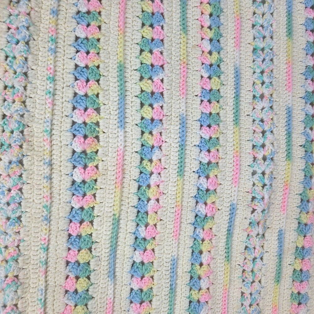 Vintage Handmade Crochet Afghan Blanket 45x25 Pastel Striped Granny Pattern - Picture 3 of 12
